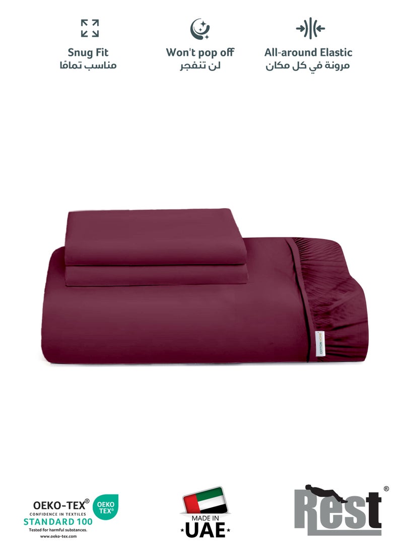 REST 3-Piece Burgundy Plush 160x200+30cm Fitted Bedsheet Set Includes 1 Deep Pocket Fitted Bedsheet and 2 Pillow Covers, Breathable and Machine Washable - Image 3